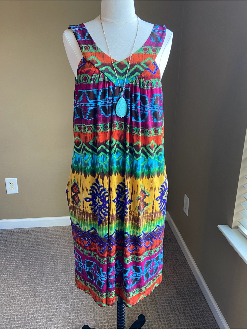 New Directions Vibrant Tribal Aztec Print Dress- 1X- Boho Global Southwestern